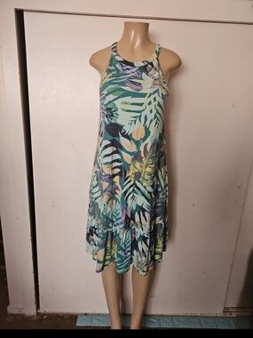 Time and Tru Leaf-Print Halter Midi Dress in Teal, Green, Purple, Yellow